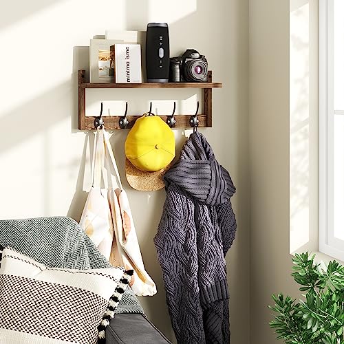 AMBIRD Wall Hooks with Shelf | Entryway Hanging Wood Coat Hooks | Wall-Mounted Rack with 5 Dual Hooks | Bathroom, Living Room, Bedroom (Modern).