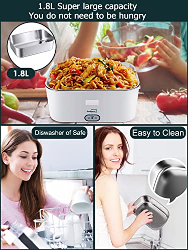 Buddew Electric Lunch Box 80W Food Heater 1.8L Large Capacity Heated Lunch Box 3 in 1 12V/24V/110V Portable Lunch Warmer for Car/Truck/Home/Office with Carry Bag and Fork and Spoon (Gray)