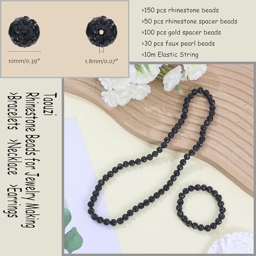 Taouzi 150 Pcs 10mm Rhinestone Beads for Jewelry Making Sparkle Clay Rhinestone Beads Spacer Beads Faux Pearl Beads Elastic String for Bracelets Necklace Earrings Jewelry Making (Black Colorful)