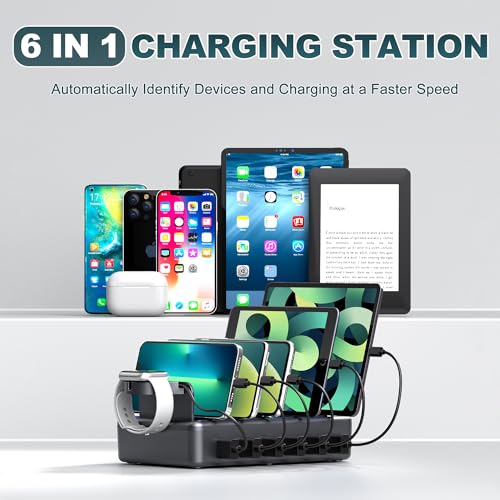 Honcila Charging Station for Multiple Devices, 6 in 1 Charger Station Multiple Charging Station for Cellphone Tablet iPhone iPad and More-50W Charging Dock with Mixed Charging Cables