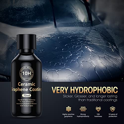 𝐀𝐝𝐯𝐚𝐧𝐜𝐞𝐝 𝗚𝗿𝗮𝗽𝗵𝗲𝗻𝗲 Ceramic Coating for Cars (70ml) - 10H Graphene Coating for Car Detailing - 10+ Years of Long Lasting Protection - Ultra High Gloss & Shine, Extremely Hydrophobic