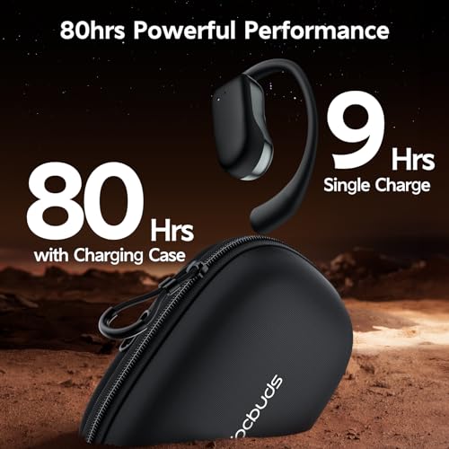 Wireless Earbuds Open Ear Headphones 80H Playtime Bluetooth Earbuds with Earhook Open Ear Earbuds with Zipper & Lanyard Case Design Over Ear Headphones Stereo Sound with 16.2mm Drivers for Sport Black