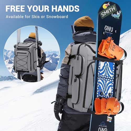 FIXITOK Ski Boot Bag Backpack, 60L Waterproof Snow Boot, Board, Helmet, Goggles, Gloves Travel Backpack for Ski, Snowboard, Youth, Women, Men