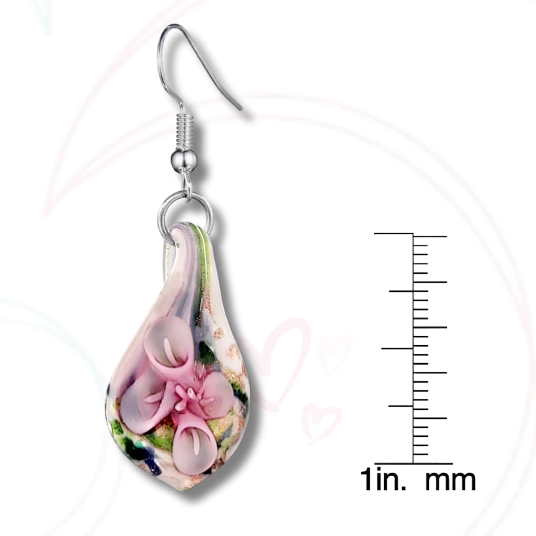 BESHEEK Handmade Murano Glass Inspired Unique Flowers Teardrop Multicolor Blue Green Confetti Pink Dangle Drop Earrings for Women Hypoallergenic Earrings Jewelry (Teardrop)