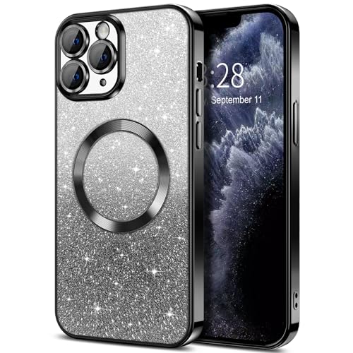 Hython for iPhone 12 Pro Case Clear Magnetic Glitter Phone Cases [Compatible with MagSafe] Full Camera Lens Protector Gradient Sparkle Luxury Plating Shockproof Protective Cover Women, Straight/Pink