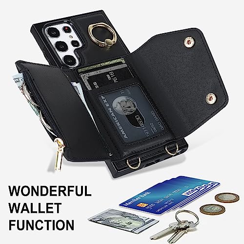 Asuwish Phone Case for Samsung Galaxy S22 Ultra 5G Wallet Cover with Screen Protector and Ring Stand Credit Card Holder Slot Crossbody Strap Cell S22ultra 22S S 22 S22ultra5g 6.8 Women Girls Men Black