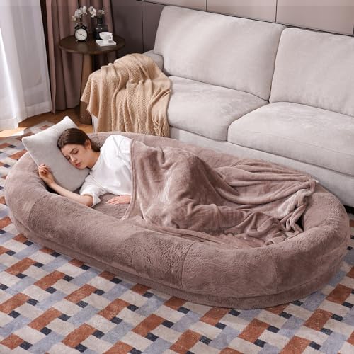 Human Dog Bed for Adult People 72"×48"×10" Giant Dog Bed for Adult Pet with Blanket and Storage Pocket, Washable Fur Cover, Camel