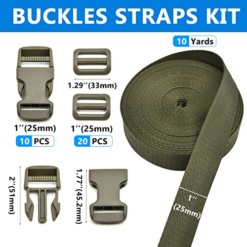 MELORDY 1 inch Buckles Straps Set with 10 Yards Nylon Webbing, 10 pcs Quick Side Release Plastic Buckle, 20 pcs Tri-glide Slide Clip for Luggage and Backpack Replacement (Army Green)