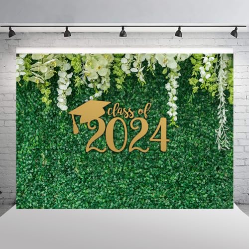 Wollmix 2024 Graduation Party Decorations Photo Backdrop for Photography Banner Class of 2024 Congrats Grad Congratulations Graduate Green Leaves Cap Grass Leaf Background Prom Photo Booth Props 5x3ft