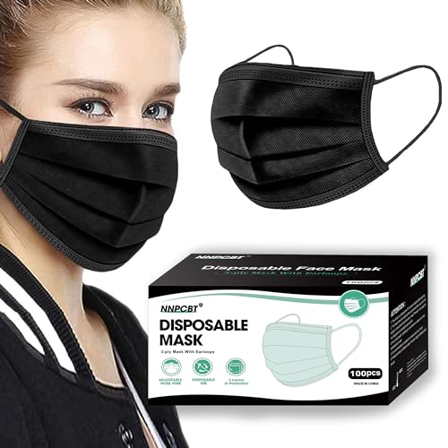 NNPCBT Black Disposable Face Masks 50PCS 3 Ply