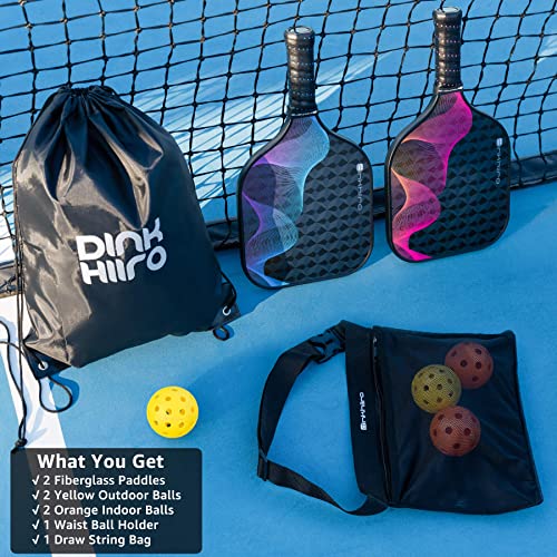 Dinkhiiro Pickle-Ball Paddle Set of 4 with Outdoor Indoor Balls, Racquet Case, Waist Ball Holder Bag | Fiberglass Pickle-Ball Rackets for Adults, Teens | Pickleball Gear Kit for Women, Men