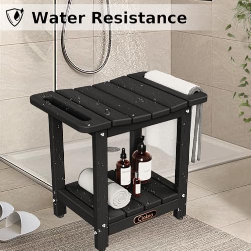 Ciokea Shower Bench for Inside Shower, Waterproof Plastic Shower Stool for Shaving Legs with Storage Shelf, HDPE Shower Bath Tub Benches for Bathroom, Indoor or Outdoor Use, Black