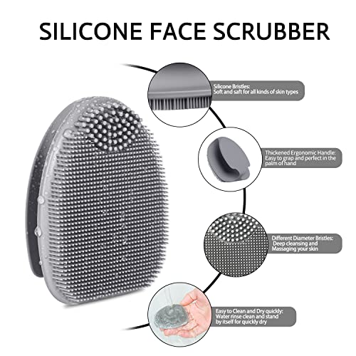 HieerBus Silicone Face Scrubber,Manual Exfoliating Brush,Handheld Facial Cleansing Brush for Women Men-Blackhead Removing Pore Cleansing Massaging for Sensitive, Delicate, Dry Skin (3rd-Grey+White)