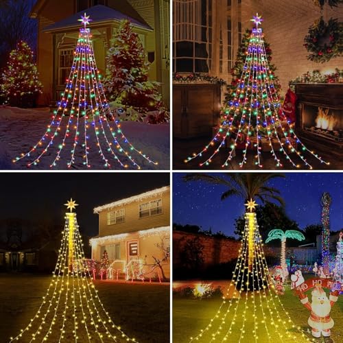 Christmas Decorations Star String Lights, 320 LEDs Outdoor Waterfall Tree Lights with 13" Topper Star, Plug in Waterproof Hanging Fairy Lights for Xmas New Year Holiday Party Yard Patio Decor (Blue)