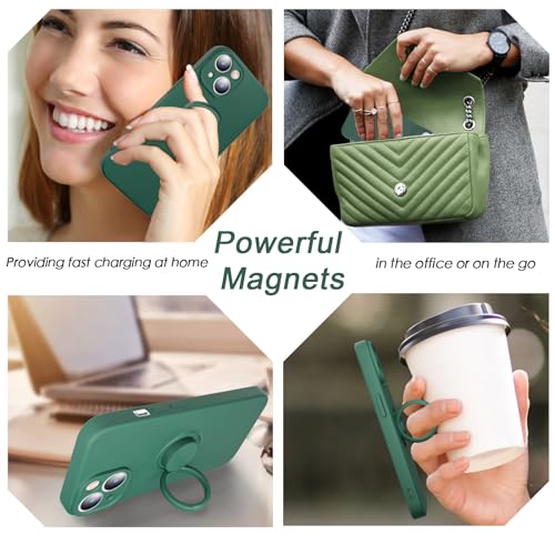 ABITKU Ring Kickstand Case for iPhone 15 Plus Case (6.7 inch), Support Magnetic Car Mount (with Strap Rope) Women Girl Silicone Cover Case for iPhone 15 Plus 2023 Army Green