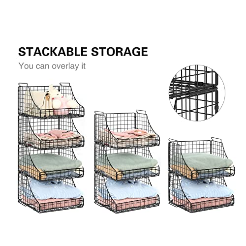 Lyuwanxian 4-Pack Stackable Wire Baskets for Closet Organizers and Storage, Open Storage Bins for Clothes, Toys, and Snacks - Rustic Metal Closet Organizers and Storage Shelves in Black