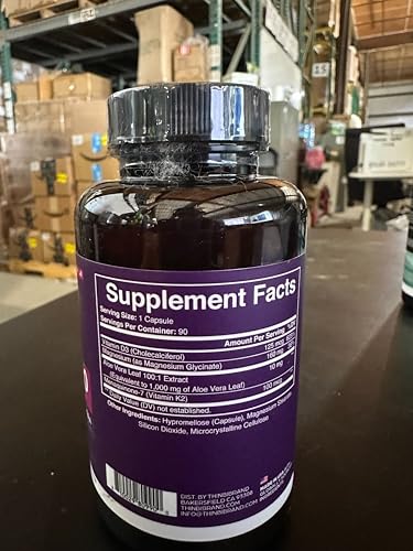 Magnesium Glycinate 1160mg + Aloe Vera, D3 & K2 Complex 90 Capsules - High Absorption, Non-Laxative - Supports Healthy Stress Response, Muscle Function & Healthy Metabolism Chelated Formula