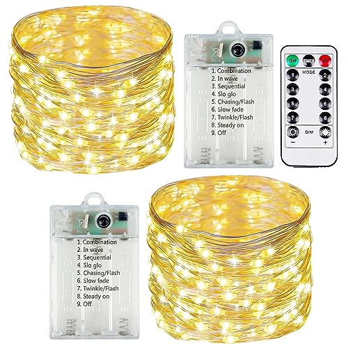 2 Pack Fairy Lights Battery Operated with Remote Control Timer, LED String Lights Outdoor Indoor, 8 Mode Twinkle Lights for Christmas Party Wedding Birthday Bedroom Décor (Warm White)