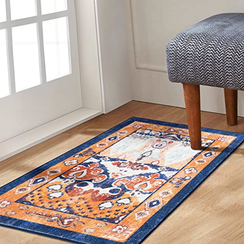 Phantoscope Vintage Collection Area Rug 2'x3' - Boho Washable Non-Slip Kitchen Rug Runner, Ultra-Thin Vintage Distressed Accent Throw Rug for Entryway Laundry Bathroom Bedroom, Navy/Orange