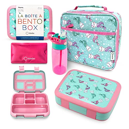 kinsho Bento Lunch Box. Insulated Bag, Water Bottle & Ice Pack Set for Kids, Toddlers, Girls. 5 Portion Sections, Removable Tray, Pre-School Toddler Daycare Lunches, Snack Container, Aqua Cat Mermaid