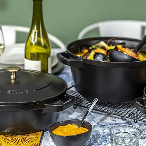 STAUB Cast Iron Set 4-pc, Stackable Space-Saving Cookware Set, Dutch Oven, Skillet, Grill Pan & Ceramic Baking Dish Set, 3pc, Cherry