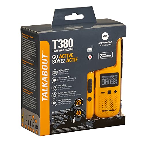 Motorola Solutions, Portable FRS, T380, Talkabout, Two-Way Radios, Rechargeable, W/ Charging Dock, 22 Channel, 25 Mile, Yellow, 2 Pack