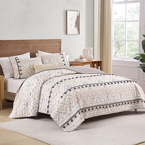 HORIMOTE HOME Boho Style Beige Twin Quilt Set with Tassle, Soft and Lightweight Bedspread for All Season, Twin Size Bed Coverlet with 1 Matching Pillow Sham (2 Pieces)