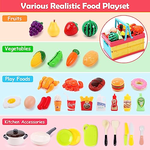 HOLYFUN Play Food Toy Set for Kids Kitchen, Shopping Basket with Cutting Fruit & Vegetables Accessories, Pot and Pan, Plastic Dishes, Toddler Play Kitchen Accessories Educational Toys for Boys Girls