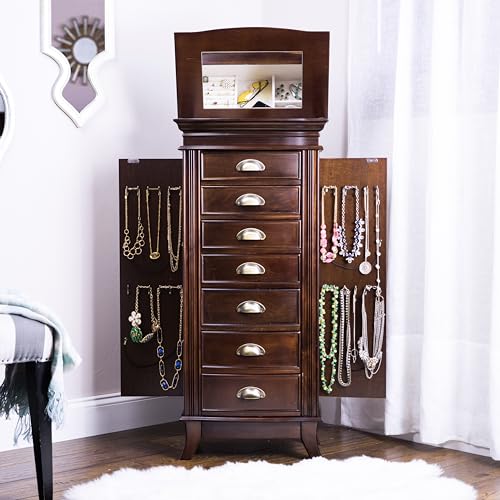Hives and Honey Holly Organizer Storage 7 Drawers Bronze Shaker Hardware Jewelry Armoire, 40" X 18" X 12", Walnut