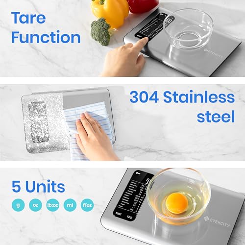 Etekcity Food Kitchen Scale, Digital Grams and Ounces for Weight Loss With Smart Nutrition App, 19 Facts Tracking, Baking, Cooking, Portion Control, Macro, Keto, 11 Pounds-Large, Stainless Steel