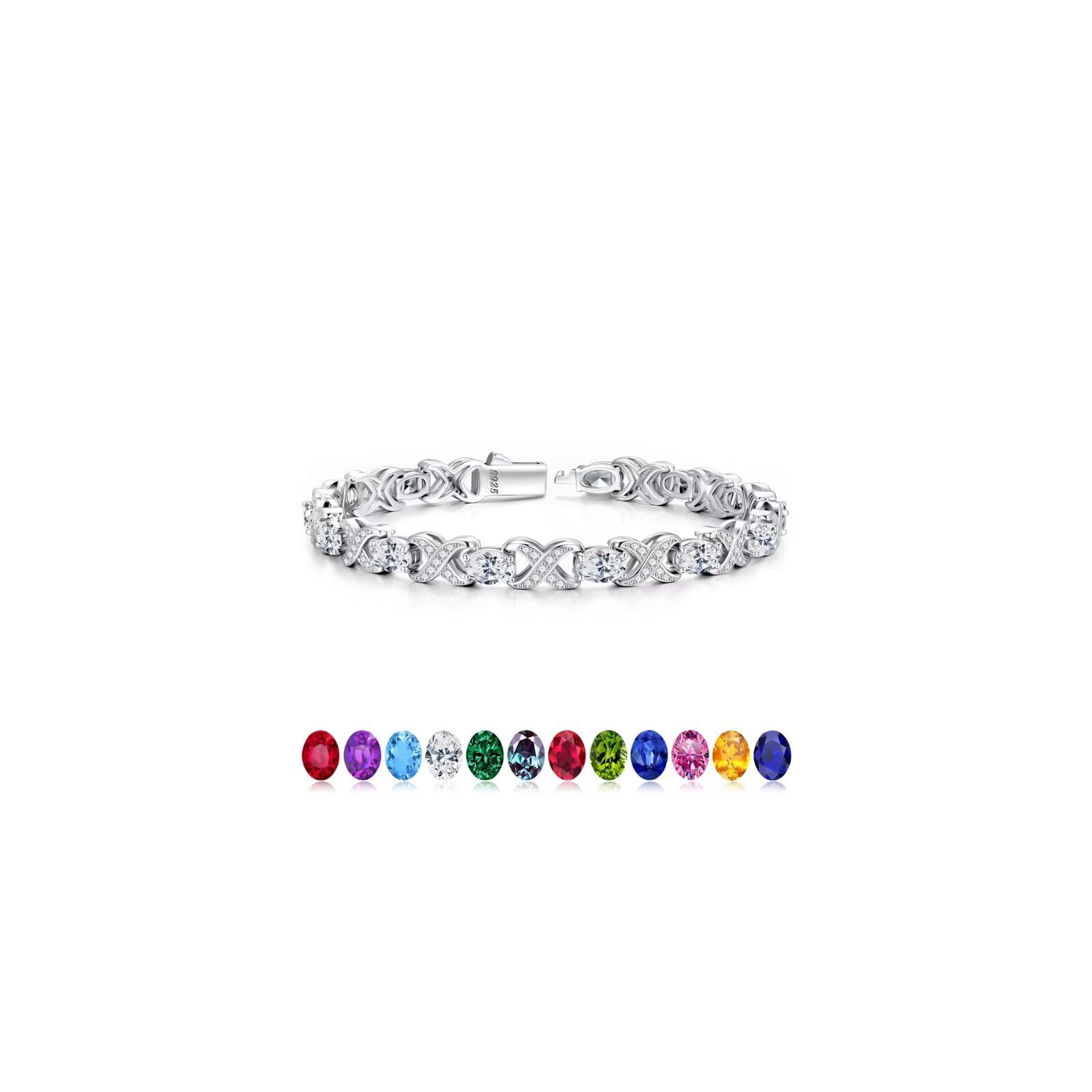 Iefil April Birthstone CZ Tennis Bracelets Unique X O Design Oval Birthstone Bracelets for Women Mothers Day Gifts Anniversary Jewelry Gifts for Wife Mom 7"
