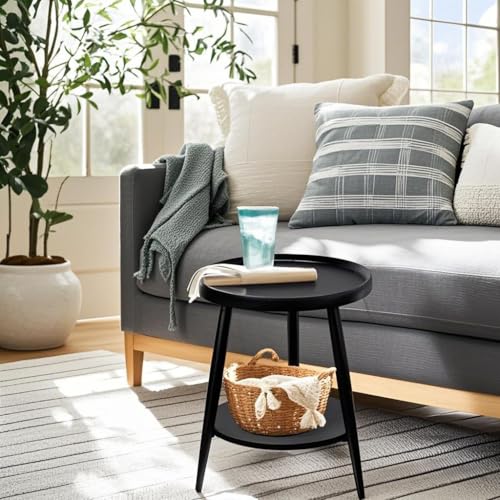 FANTERSI Small Round Side Table, 2-Tier Mid Century Modern Side Table, Round End Table Small Side Table for Living Room, Metal Frames, Black