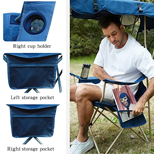 Huskfirm Camping Chair with Canopy Shade,Portable Folding Chair with UPF 50+ Sun Shade,Cup Holder,Side Pocket,Soccer Chair Adults for Camp,Beach,Outdoor Sports-Support 330 LBS Blue