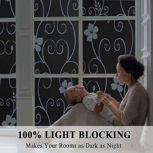 Iron Flower Total Blackout Window Film, Light Blocking Glass Door Film,Room Darkening Window Cling,No Glue/Heat Control/Anti UV for Day Sleep & High Privacy,11.8 inches by 78.7 inches