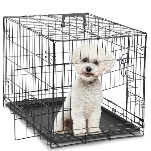 DUMOS Dog Crate, 24 Inch Small Double Door Dog Cage with Divider Panel and Plastic Leak-Proof Pan Tray, Folding Metal Wire Pet Kennel for Indoor, Outdoor, Travel