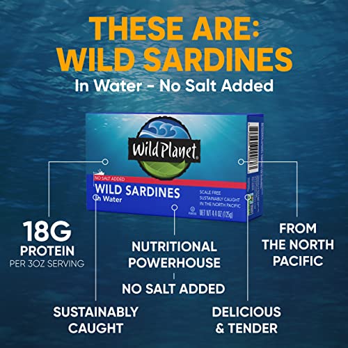 Wild Planet Wild Sardines in Water, No Salt Added, Tinned FIsh, Sustainably Wild-Caught, Non-GMO, Kosher, Gluten Free, Keto and Paleo, 4.4 Ounce, Single Unit
