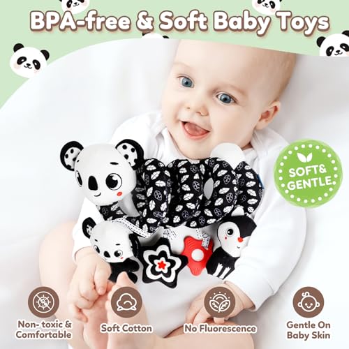 Baby Carseat Toy Black & White Rattle Spiral Hanging Activity Stroller Toy for Newborns Boys and Girls - Coala