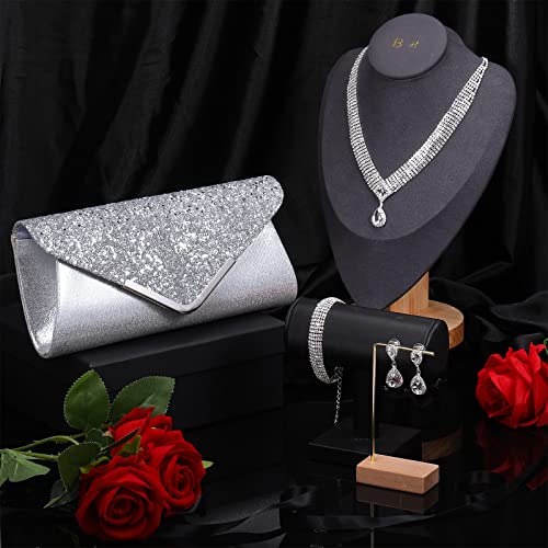 Tiamon 4 Pcs Rhinestone Jewelry Sets for Women Formal Prom Jewelry Earrings Necklace Bracelet Silver Clutch Purses Bag for Evening Wedding Party Christmas Jewelry Gift (Bling Style)