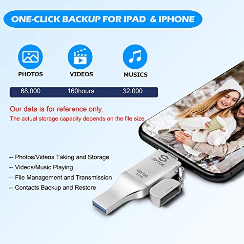 JSL JDTDC 128GB Apple MFi Certified iPhone-Photo-Stick, 3 in 1 USB3.0 iOS Flash-Drive Photo-Stick-for-iPhone Thumb Drives iPhone Backup Memory-Stick for iPhone 15/14/13/12/11, iPad, Android, PC