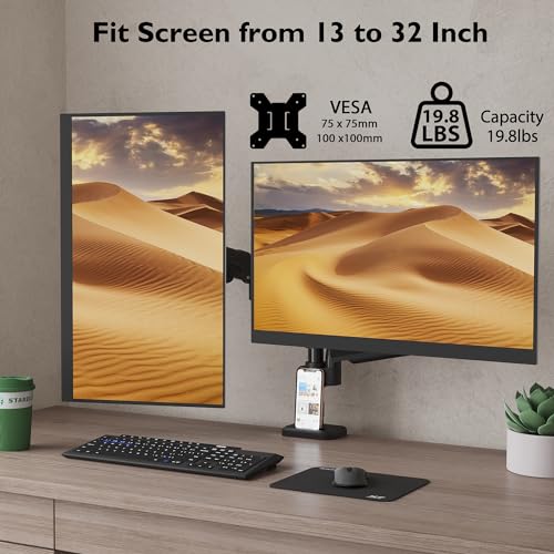 BONTEC Dual Monitor Mount for 13-32 Inch Screens, Tall Computer Monitor Stand, Adjustable Gas Spring Monitor Arm with Tilt, Swivel, Rotation, VESA 75x75, 100x100mm, Holds Up to 19.8lbs