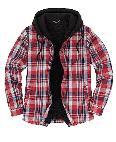 ZENTHACE Mens Sherpa Lined Hooded Flannel Shirt Jacket Fleece Plaid Shacket Jackets with Hood Fall Winter Overshirt Black S