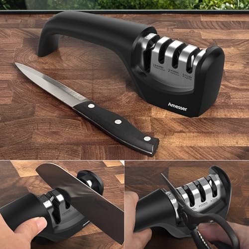 Knife Sharpener, Amesser 4-in-1 Kitchen Knife Sharpener Effortlessly Sharpen Restore, Hone, and Polish Blades Quickly for Kitchen Knives, Pocket Knives, Chef's & Serrated Knives, Scissors