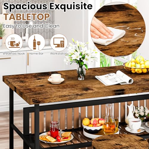 DKLGG Dining Table Set for 2 with Storage, Modern Kitchen Island with Seating 3 Piece Kitchen & Dining Room Sets Island Table for Small Space, Apartment, Home Bar, Brown