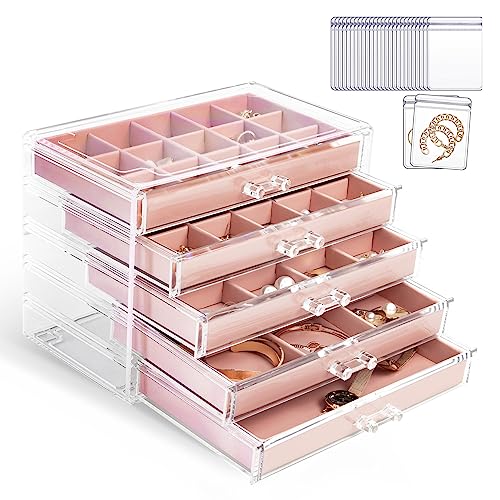 KAMIER Earring Jewelry Organizer with 20 Pcs Portable Jewelry Bag, Clear Acrylic Jewelry Organizer Box for Women with 5 Drawers for Earrings Ring Bracelet Necklace
