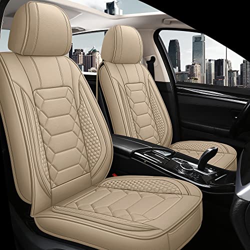 HAIYAOTIMES Leather Car Seat Covers Front Set, Waterproof Faux Leather Seat Covers for Cars, Non-Slip Car Interior Covers Universal Fit for Most Cars Sedans Trucks SUVs, Beige