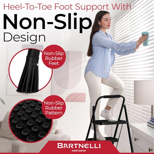 Bartnelli Pro Luxury Step Ladder | European Made 3 Step Foldable Step Stool for Home | Rock-Solid 500 lb Capacity,Built to Last with Highest-Grade Sturdy Steel Construction,Soft Handle, Anti-Slip Feet