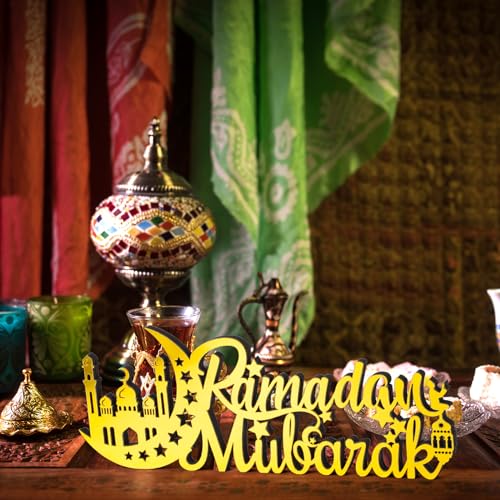 Eid Mubarak Decorations Ramadan Decoration for Home Gold Wood Acrylic Stand Letters Islamic Tabletop Ramadan Mubarak Gifts Table Top Centerpiece Decor