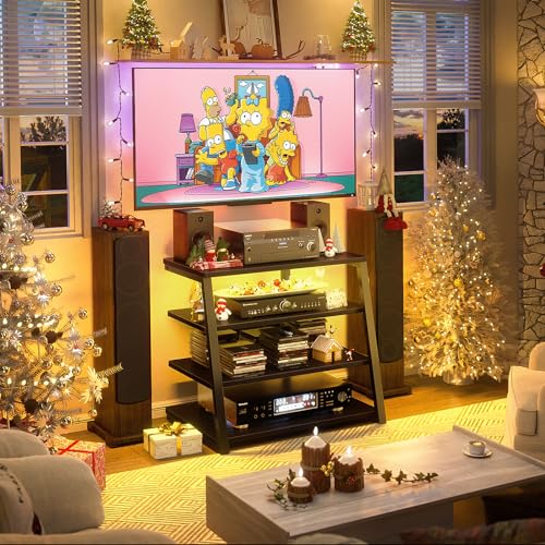 armocity 4-Tier AV Media Stand with Power Strips, Corner TV Stand with LED Lights, Rack Audio Tower with Adjustable Shelves, Corner Entertainment Center, 30'', Black Ebony