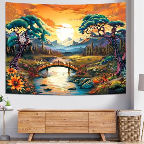 Racunbula Trippy Mountain Tapestry Sun Forest Tapestry Floral Plant Tapestry Nature Landscape Wall Tapestry Mystic River Tapestry Wall Hanging for Bedroom