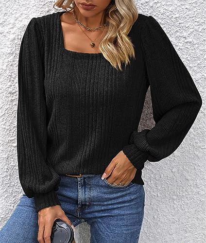 ZILIN Womens Long Sleeve Tunic Tops Lantern Sleeve Square Neck Winter Shirts Dressy Casual Black S